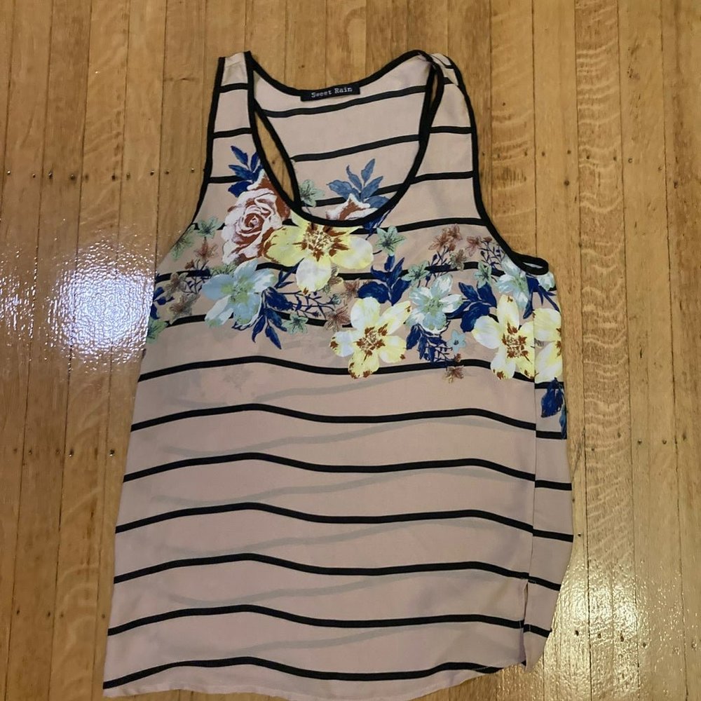 Women’s Blush And Black Sweet Rain Sheer Tank Top With Stripes & Florals- Size M